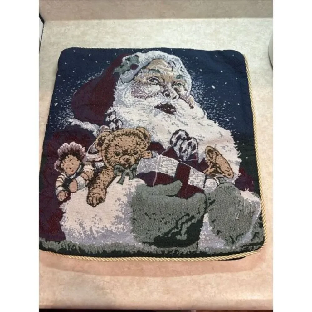 Vintage Christmas Tapestry 15x15‎ Pillow Cover Sham Santa Teddy Bear Presents